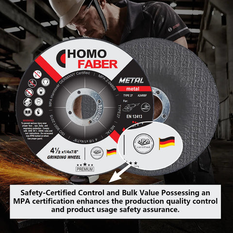HOMO FABER 4-1/2 in depressed-center metal grinding wheel for angle grinders; front view, 25-pack, 4.5 x 1/4 x 7/8 in