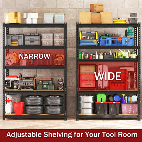 Beefy Heavy Duty Garage Shelving Rack 5 Tier Industrial Metal Storage Unit With 2400 Lbs Capacity Adjustable Shelves displayed in a workshop