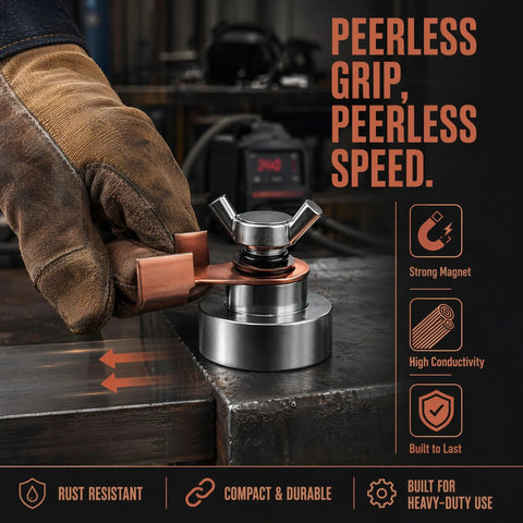 Heavy Duty Welding Ground Clamp With Strong Magnet And Copper Connector For Fast Secure接地, detailed view of clamp on metal surface.