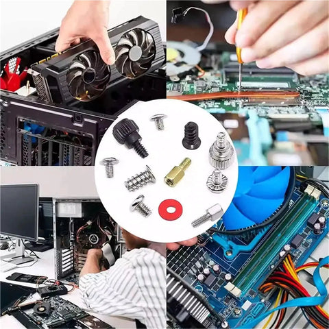 All In One Set Screw Kit With Screws, Washers, And Seal Rings For Homeowners, DIYers, Mechanics, And Industrial Workers, 20 Box Pack, F Set, Includes A Wide Range Of Sizes And Thread Types For Any Fastening Job shown with electronics repair scenes