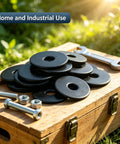 50 Pcs Quarter Inch Fender Washer Black Zinc Plated 1 Inch OD Flat Washers For Screws And Bolts displayed on a wooden box
