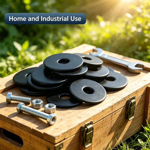 50 Pcs Quarter Inch Fender Washer Black Zinc Plated 1 Inch OD Flat Washers For Screws And Bolts displayed on a wooden box