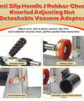 Pocket Hole Jig Kit With Vacuum Dust Collection, featuring anti-slip handle, rubber chuck, knurled adjusting nut, and vacuum adapter.