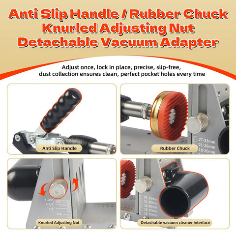 Pocket Hole Jig Kit With Vacuum Dust Collection, featuring anti-slip handle, rubber chuck, knurled adjusting nut, and vacuum adapter.