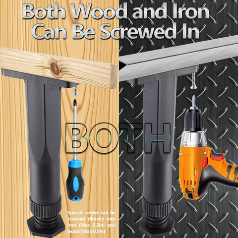 Level Up Your Bed Frame Game With Heavy Duty Adjustable Support Legs that show installation into wood and metal with tools.