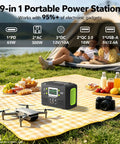 Badass 300W Portable Power Station With 222Wh Capacity And Pure Sine Wave Solar Generator For Camping And Outdoor Adventures lightweight power station on picnic blanket next to snacks and drone