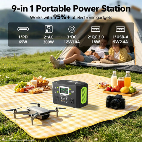 Badass 300W Portable Power Station With 222Wh Capacity And Pure Sine Wave Solar Generator For Camping And Outdoor Adventures lightweight power station on picnic blanket next to snacks and drone
