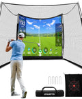 Backyard Golf Practice Net 11x8 Feet With Impact Screen and Target Cloth showing indoor golf simulator setup.