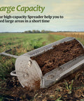 27 Inch Metal Roller Compost Spreader For Lawn And Garden With Adjustable Handle Ideal For Seeding And Even Lawn Growth Heavy Duty Fertilizer Spreader For Yard Work Gray in field with soil