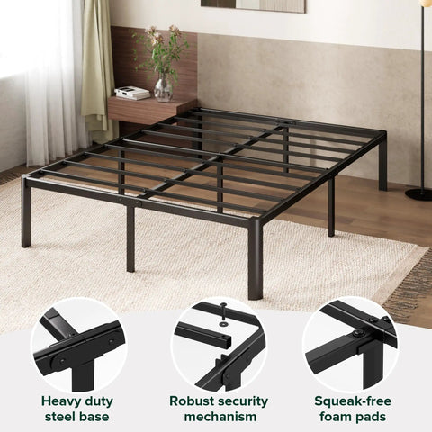 Heavy Duty Steel Platform Bed For Full Size Mattresses showing sturdy steel base with built-in slats in matte black finish.