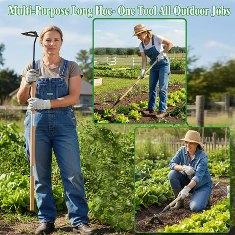 Gardener using Hollow Hoe Garden Tool With 55 Inch Steel Handle for weeding and planting in a backyard farm setting