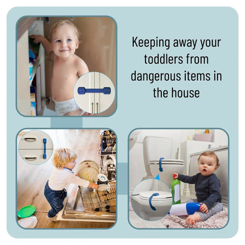 Six Pack Dark Blue Child Safety Strap Locks For Cabinets And Drawers, Kitchen, Fridge, Toilet And Furniture, Easy Install