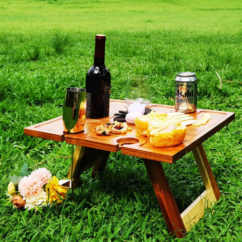 Portable Wine Picnic Table in Acacia Wood With Larger Foldable Tray Charcuterie Board Surface For Camping Glamping Concerts on grass