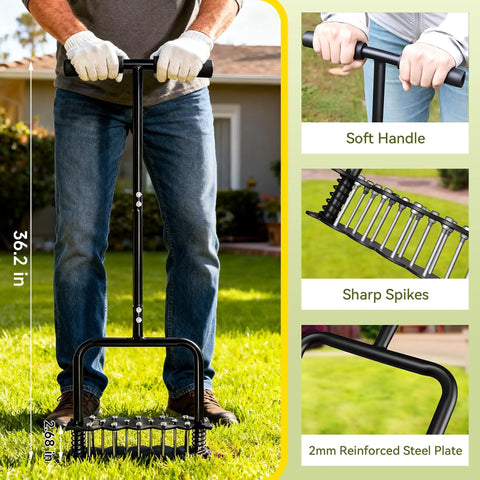 Person using a 14 Spike Lawn Aerator Tool With Spring Loaded Design for Effortless Aeration in your Yard, showing spikes and handle.