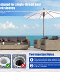 Pool Umbrella Sleeve Adapter And Pole Stabilizer for 1.35 and 1.5 Inch poles with patio chairs and in-pool holder display.
