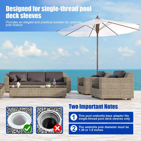 Pool Umbrella Sleeve Adapter And Pole Stabilizer for 1.35 and 1.5 Inch poles with patio chairs and in-pool holder display.