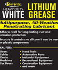 Product label for Heavy Duty White Lithium Grease, highlighting multipurpose, all-weather use for gears, cables, and auto parts.