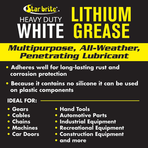 Product label for Heavy Duty White Lithium Grease, highlighting multipurpose, all-weather use for gears, cables, and auto parts.