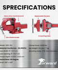 5 Inch Bench Vise With Anvil And Swivel Base For Home Shop Use Heavy Duty Jaw Throat Depth 2 11 16 Inches Jaw Opening 5 Inches 60000 PSI Ductile Iron Construction Reliable Clamp On Any DIY Project Great For Hobbyists And Makers, red ductile iron vise specs view