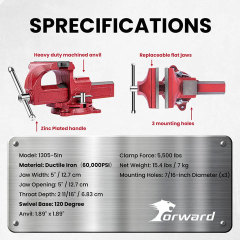 5 Inch Bench Vise With Anvil And Swivel Base For Home Shop Use Heavy Duty Jaw Throat Depth 2 11 16 Inches Jaw Opening 5 Inches 60000 PSI Ductile Iron Construction Reliable Clamp On Any DIY Project Great For Hobbyists And Makers, red ductile iron vise specs view