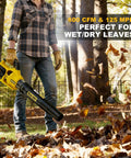 Person using Cordless Leaf Blower For DeWalt 20V Max Battery, 600 CFM At 125 MPH Brushless Electric Blower With Speed Lock, outdoors