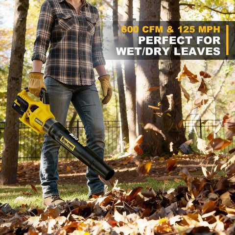 Person using Cordless Leaf Blower For DeWalt 20V Max Battery, 600 CFM At 125 MPH Brushless Electric Blower With Speed Lock, outdoors