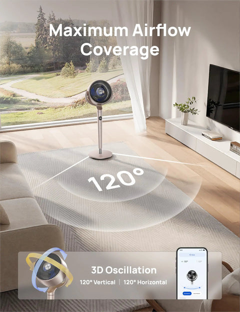 Smart Bedroom Floor Fan With Wi Fi Voice Control, 120 Degree Omni Directional Oscillation, Quiet Pedestal Fan With RGB Light