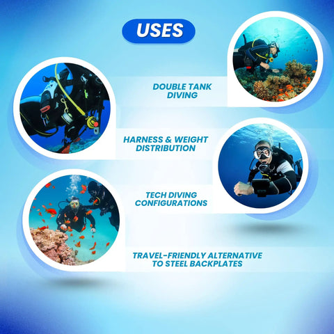 Uses of Durable Aluminum Black Backplate For Diving Rig, 15 By 10 Inch Plate, 2mm Thick in diving configurations with doubles.