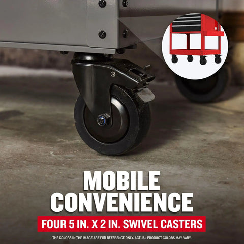Rolling Tool Chest With Drawers And Locking Steel Cabinet Power Outlets And USB Port Four Swivel Casters Red Built Tough Utility Cart Holds Up To 700 Lbs Surface Liners Included, close-up of swivel casters.