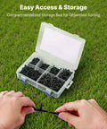 Ultimate 300 Piece Drip Irrigation Fittings Kit For Quarter Inch Tubing With open box on grass showing assorted parts