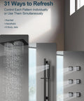 27 Point 5 Inch Ceiling Mount Shower System With Thermostatic Control And 64 Color Led Lighting Featuring Waterfall Rainfall Rotating Jets And Handheld Sprayer In Matte Black showing rainfall, handheld sprayer, and 6 body jets.