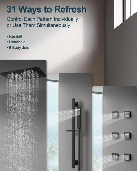 27 Point 5 Inch Ceiling Mount Shower System With Thermostatic Control And 64 Color Led Lighting Featuring Waterfall Rainfall Rotating Jets And Handheld Sprayer In Matte Black showing rainfall, handheld sprayer, and 6 body jets.