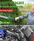 Person using Cordless Hedge Trimmer With Battery And Charger 2 In 1 Small Electric Hedge Trimmers Rechargeable Mini Handheld Grass Shears Weed Bush Trimmer For Garden And Lawn Quick Charge Includes 2X 3Ah Battery in garden