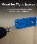 Portable Pocket Hole Jig System with Adjustable Position Sliders and Clamp Adapter for Materials Half Inch to One and a Half Inches Thick installed in a cabinet