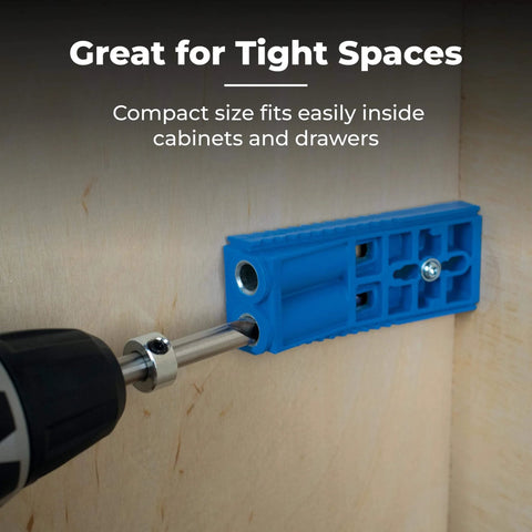Portable Pocket Hole Jig System with Adjustable Position Sliders and Clamp Adapter for Materials Half Inch to One and a Half Inches Thick installed in a cabinet