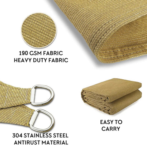 Rectangle Shade Sail 8x10 Sand Outdoor Patio Backyard UV Block Canopy With 185 GSM UV Protected Poly Fabric, Durable Stainless Steel D Rings, Weatherproof, Custom Sizes Available