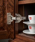 40 Pack Full Overlay Cabinet Door Hinges With Soft Close Damper installed on wooden kitchen cabinet door near cups