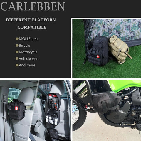 Survival Gear Kit For Camping And Emergencies, First Aid Ready Bugout Bag on MOLLE gear, car seat, and motorcycle