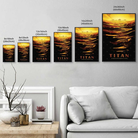 Various sizes of black framed Sunset Ocean Rowing Wall Art Canvas Print Poster Framed In Black Modern Minimalist Aesthetic Decor For Living Room Bedroom Office Vibrant Coastal Colors Vibe Waterproof Fade Resistant displayed above a sofa.