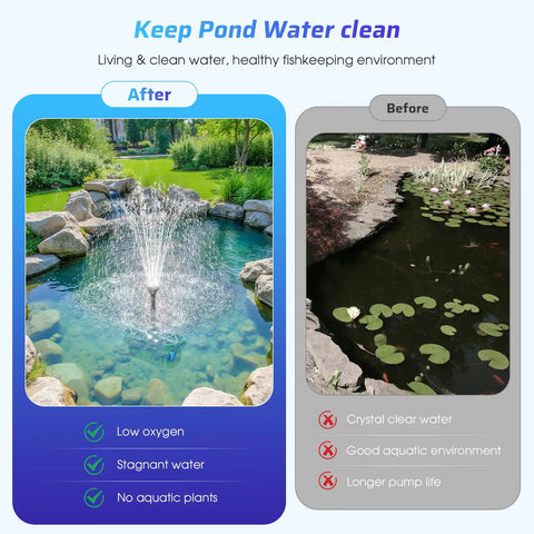 Before and after images of a pond using 660GPH Pond Filter With RGB Auto Cycle LED Lights And Built In 40W Pump All In One Durable 3 Stage Filtration.