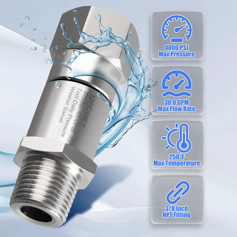 Pressure Washer Swivel Fitting Three Eighth Inch NPT 360 Degree Joint Kink Resistant Reduces Hose Stress For Smooth Water Flow And Easy Maneuvering For Smooth Operation And Long Lasting Durability. 3/8 NPT stainless swivel fitting