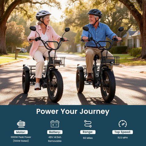 Electric Tricycle For Adults With Fat 4 Inch Tires Foldable Aluminum Frame 400 Pound Capacity Large Rear Basket 500W Motor Compact Folded Size 40X42X29 Hauling Groceries And Weekend Cruising, two riders on street