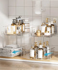 Pull Out Under Sink Organizer Set Of Four Slick Sliding Drawers Multi Purpose Cabinet Storage Tray For Bathroom Vanity Kitchen Pantry Countertop Cosmetic Holder Total Lifesaver with clear bins storing towels and toiletries.