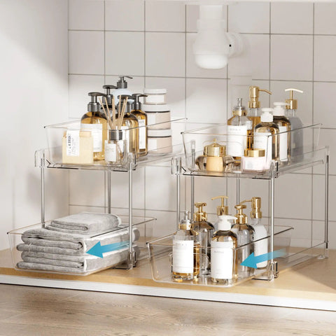 Pull Out Under Sink Organizer Set Of Four Slick Sliding Drawers Multi Purpose Cabinet Storage Tray For Bathroom Vanity Kitchen Pantry Countertop Cosmetic Holder Total Lifesaver with clear bins storing towels and toiletries.