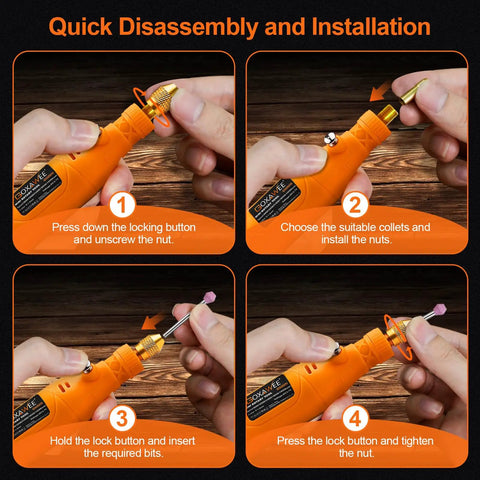 Hella Precise Mini Cordless Rotary Tool Kit With 105 Pieces Variable Speed Micro Drill Grinder for easy bit installation and removal.