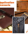 Heavy Duty Upholstery Repair Kit With 54 Pieces Including Waxed Thread Leather Needles Stitching Awl Thimble Scissors Needle Threaders Tape Measure Storage Case For Car Seats Backpacks Carpets Boots Shoes Canvas And Sofa shown in use on leather bags, zippers, and notebooks.