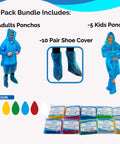Extra Thick Rain Ponchos Family Pack With Shoe Covers Included 10 Pack shown with adult and kids ponchos and shoe covers.