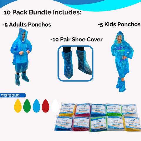 Extra Thick Rain Ponchos Family Pack With Shoe Covers Included 10 Pack shown with adult and kids ponchos and shoe covers.