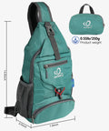 Packable Small Crossbody Sling Backpack for Hiking and Travel, Lightweight Water Resistant Daypack shown with dimensions in green