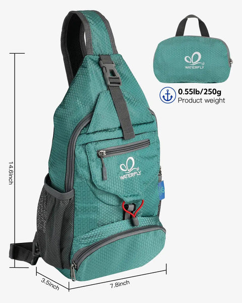 Packable Small Crossbody Sling Backpack for Hiking and Travel, Lightweight Water Resistant Daypack shown with dimensions in green